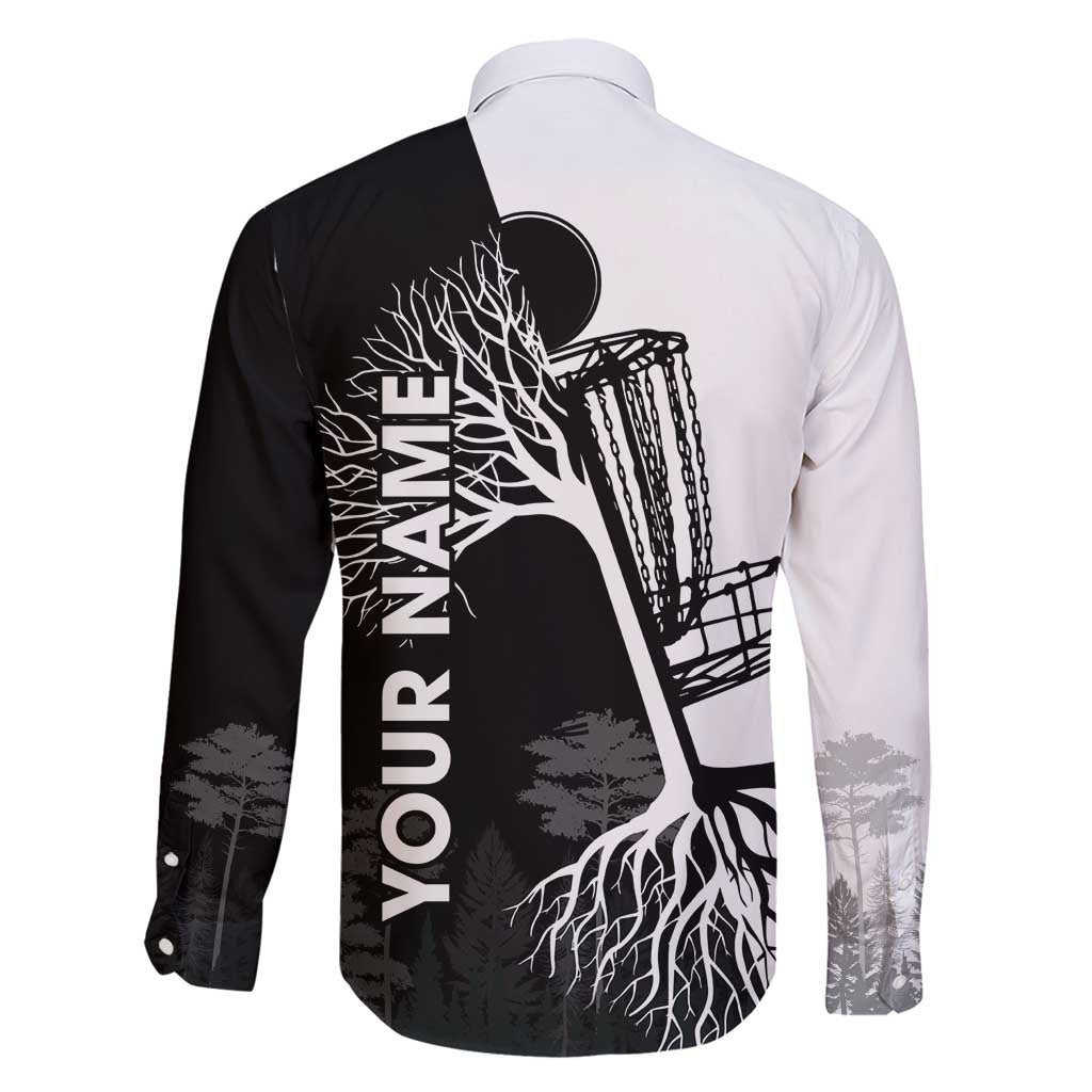 Black and White Disc Golf Tree Graphic Family Matching Off Shoulder Maxi Dress and Hawaiian Shirt with Roots Silhouette and Custom Name Design - Wonder Print Shop