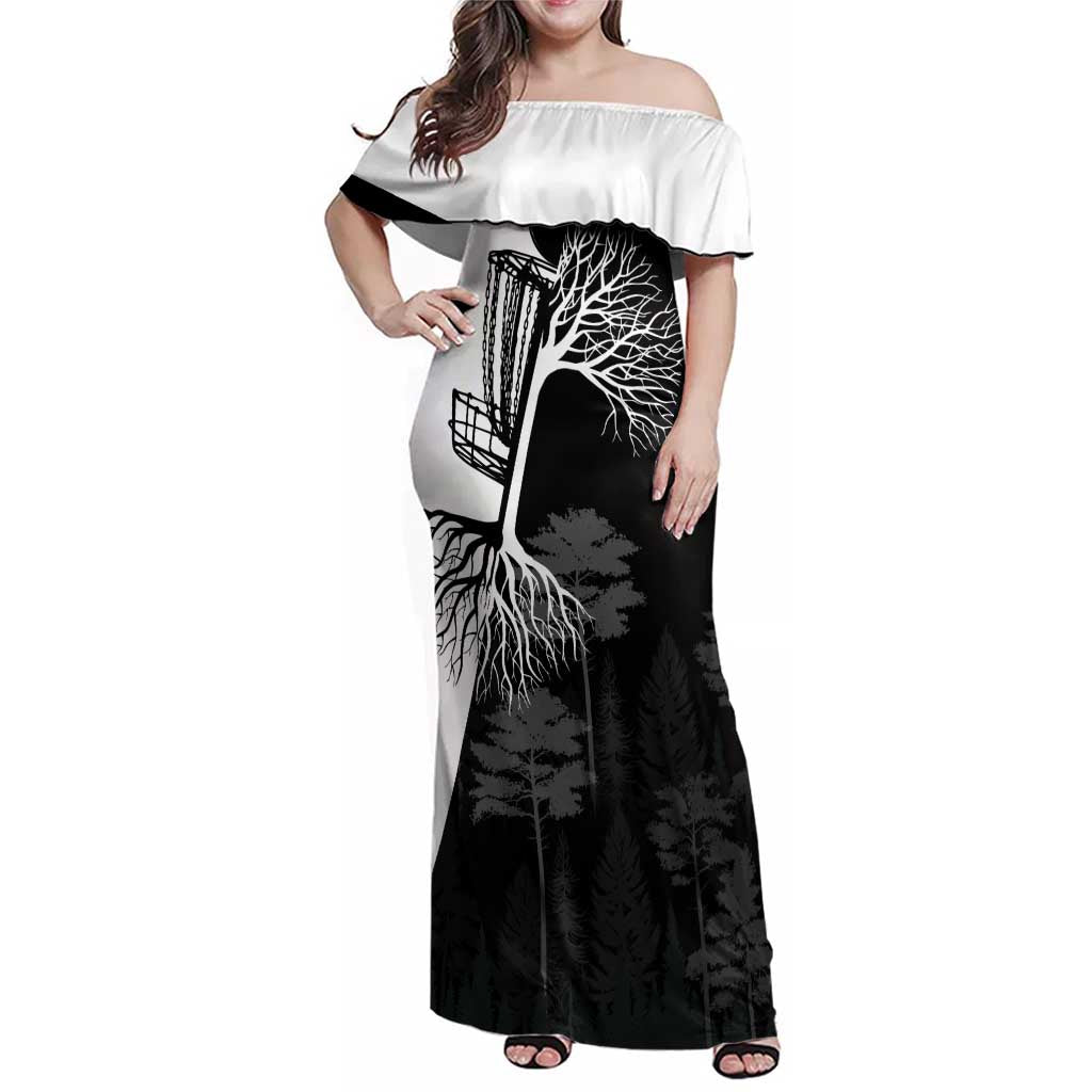 Black and White Disc Golf Tree Graphic Family Matching Off Shoulder Maxi Dress and Hawaiian Shirt with Roots Silhouette and Custom Name Design - Wonder Print Shop