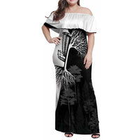 Black and White Disc Golf Tree Graphic Family Matching Off Shoulder Maxi Dress and Hawaiian Shirt with Roots Silhouette and Custom Name Design - Wonder Print Shop