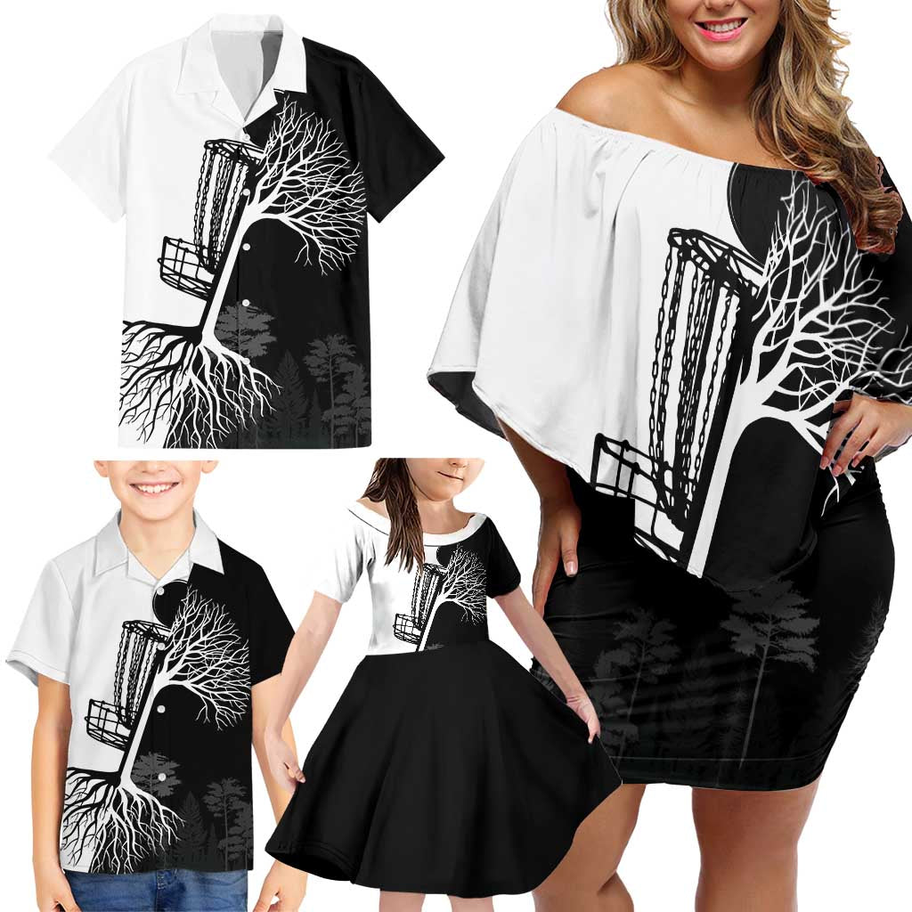 Black and White Disc Golf Tree Graphic Family Matching Off Shoulder Short Dress and Hawaiian Shirt with Roots Silhouette and Custom Name Design - Wonder Print Shop