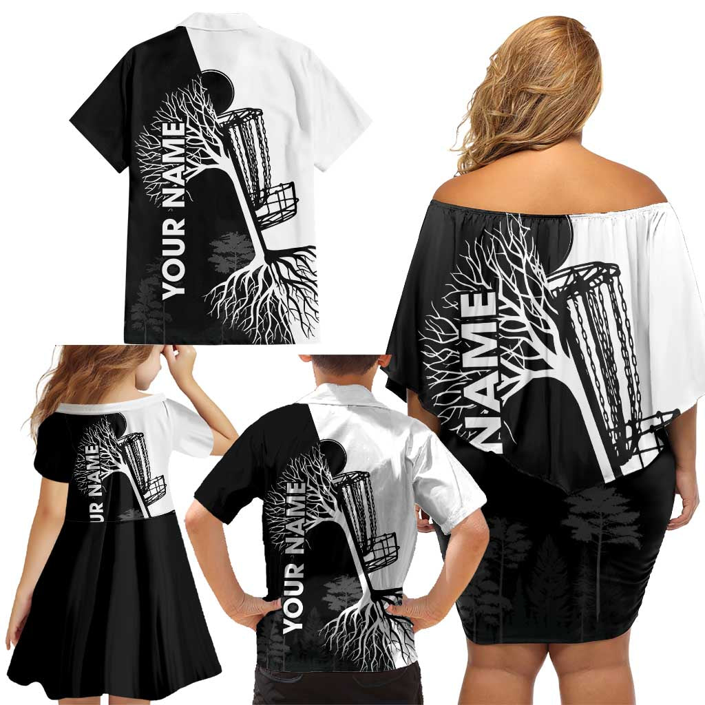 Black and White Disc Golf Tree Graphic Family Matching Off Shoulder Short Dress and Hawaiian Shirt with Roots Silhouette and Custom Name Design - Wonder Print Shop