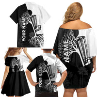 Black and White Disc Golf Tree Graphic Family Matching Off Shoulder Short Dress and Hawaiian Shirt with Roots Silhouette and Custom Name Design - Wonder Print Shop
