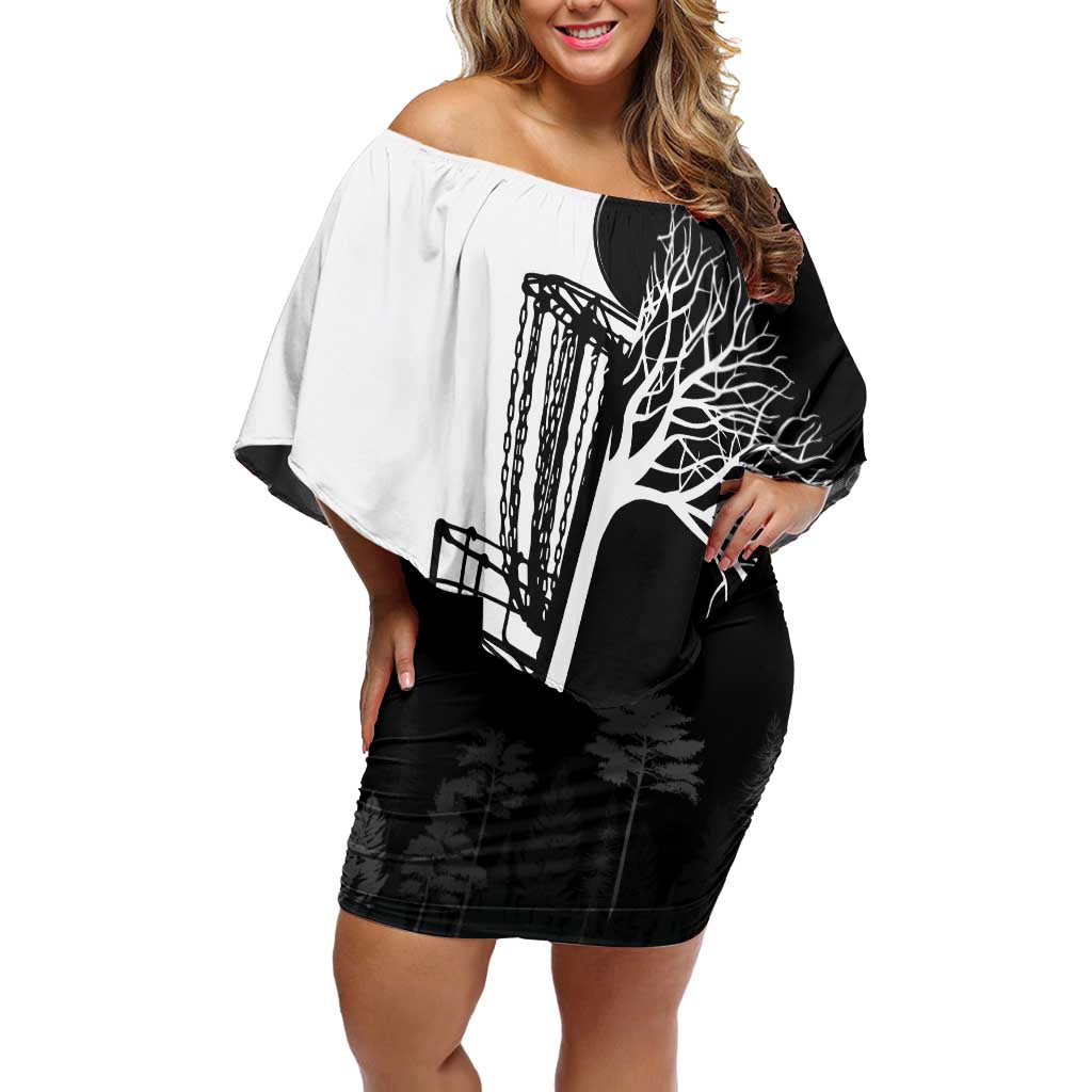 Black and White Disc Golf Tree Graphic Family Matching Off Shoulder Short Dress and Hawaiian Shirt with Roots Silhouette and Custom Name Design - Wonder Print Shop