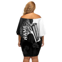 Black and White Disc Golf Tree Graphic Family Matching Off Shoulder Short Dress and Hawaiian Shirt with Roots Silhouette and Custom Name Design - Wonder Print Shop