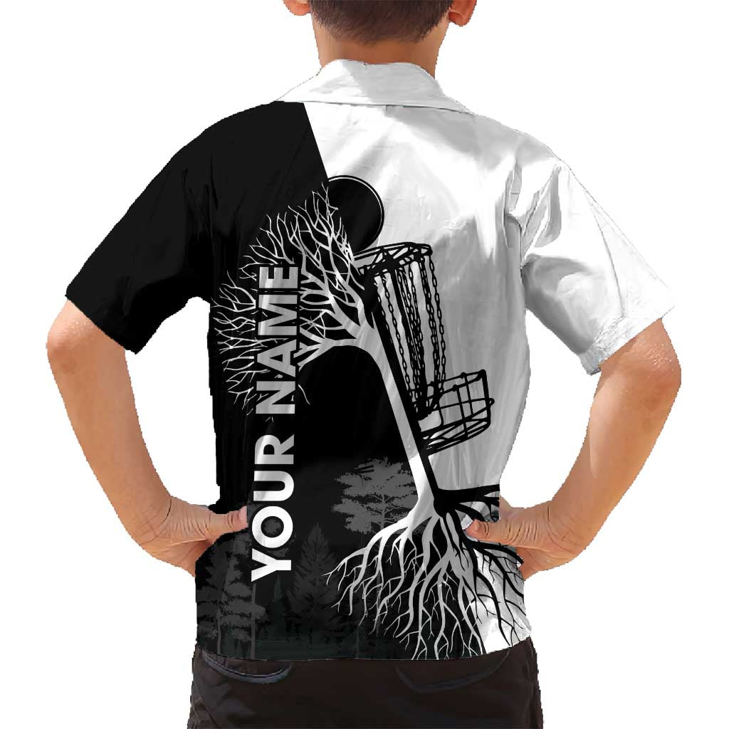 Black and White Disc Golf Tree Graphic Family Matching Puletasi and Hawaiian Shirt with Roots Silhouette and Custom Name Design - Wonder Print Shop