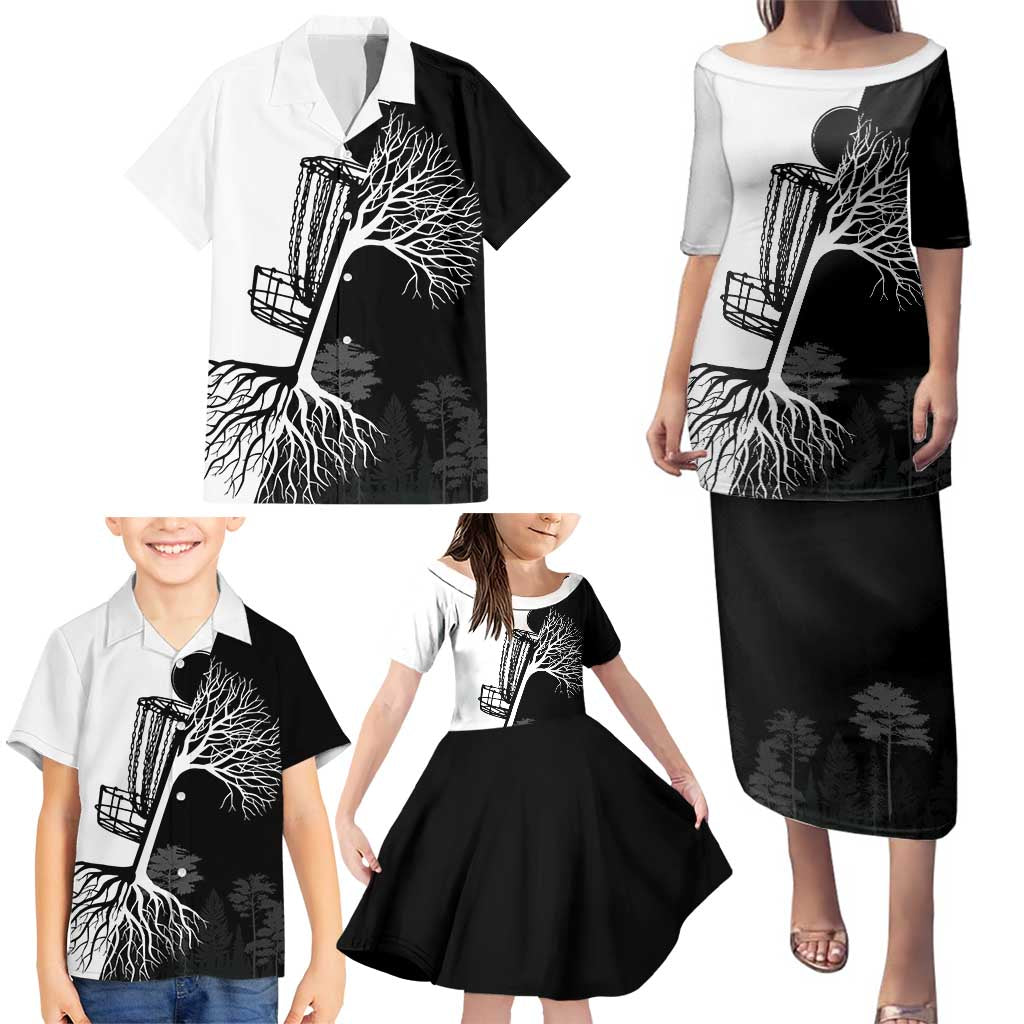 Black and White Disc Golf Tree Graphic Family Matching Puletasi and Hawaiian Shirt with Roots Silhouette and Custom Name Design - Wonder Print Shop