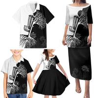 Black and White Disc Golf Tree Graphic Family Matching Puletasi and Hawaiian Shirt with Roots Silhouette and Custom Name Design - Wonder Print Shop