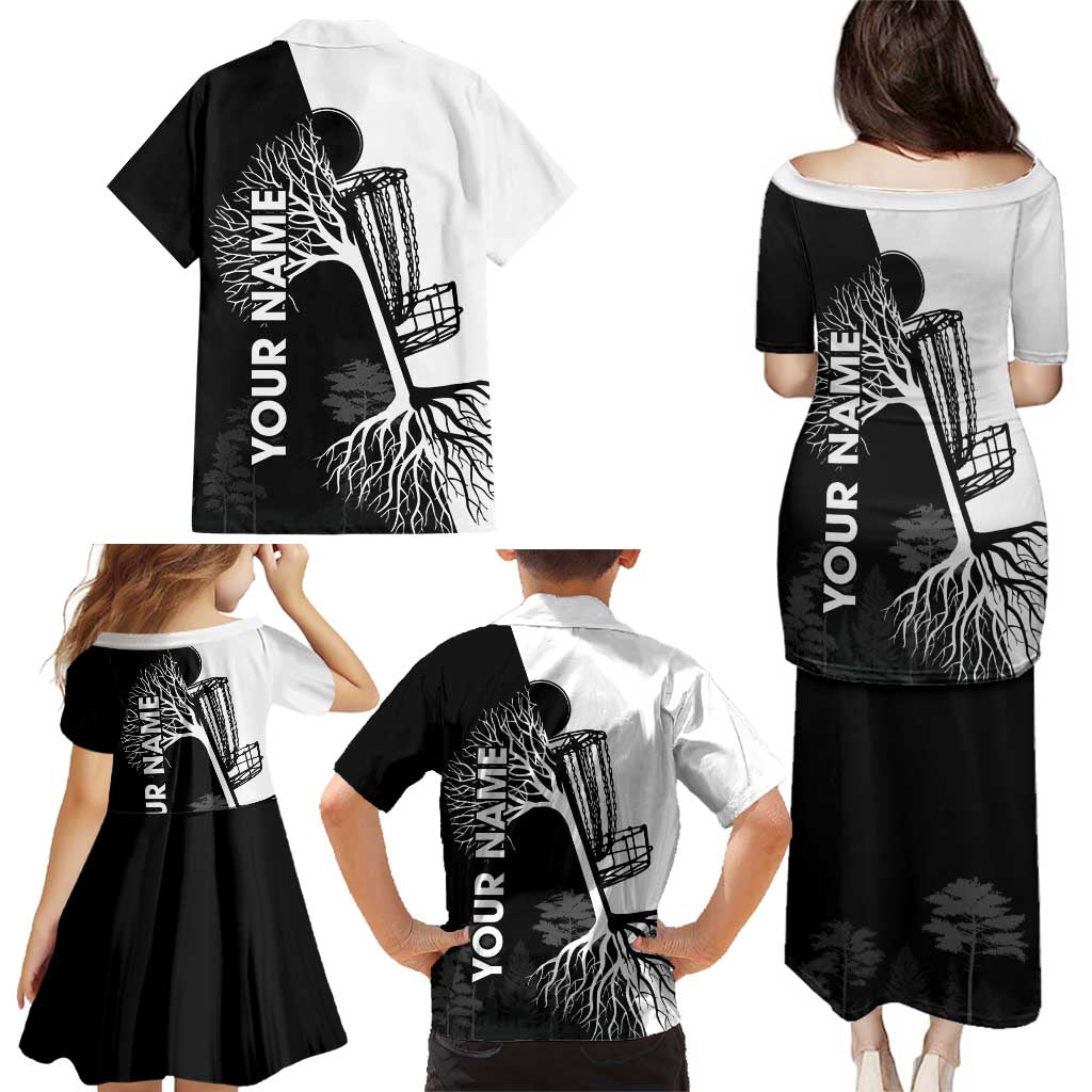 Black and White Disc Golf Tree Graphic Family Matching Puletasi and Hawaiian Shirt with Roots Silhouette and Custom Name Design - Wonder Print Shop
