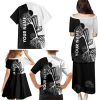Black and White Disc Golf Tree Graphic Family Matching Puletasi and Hawaiian Shirt with Roots Silhouette and Custom Name Design - Wonder Print Shop