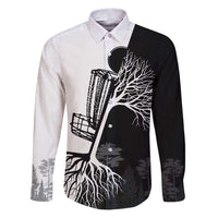 Black and White Disc Golf Tree Graphic Family Matching Puletasi and Hawaiian Shirt with Roots Silhouette and Custom Name Design - Wonder Print Shop