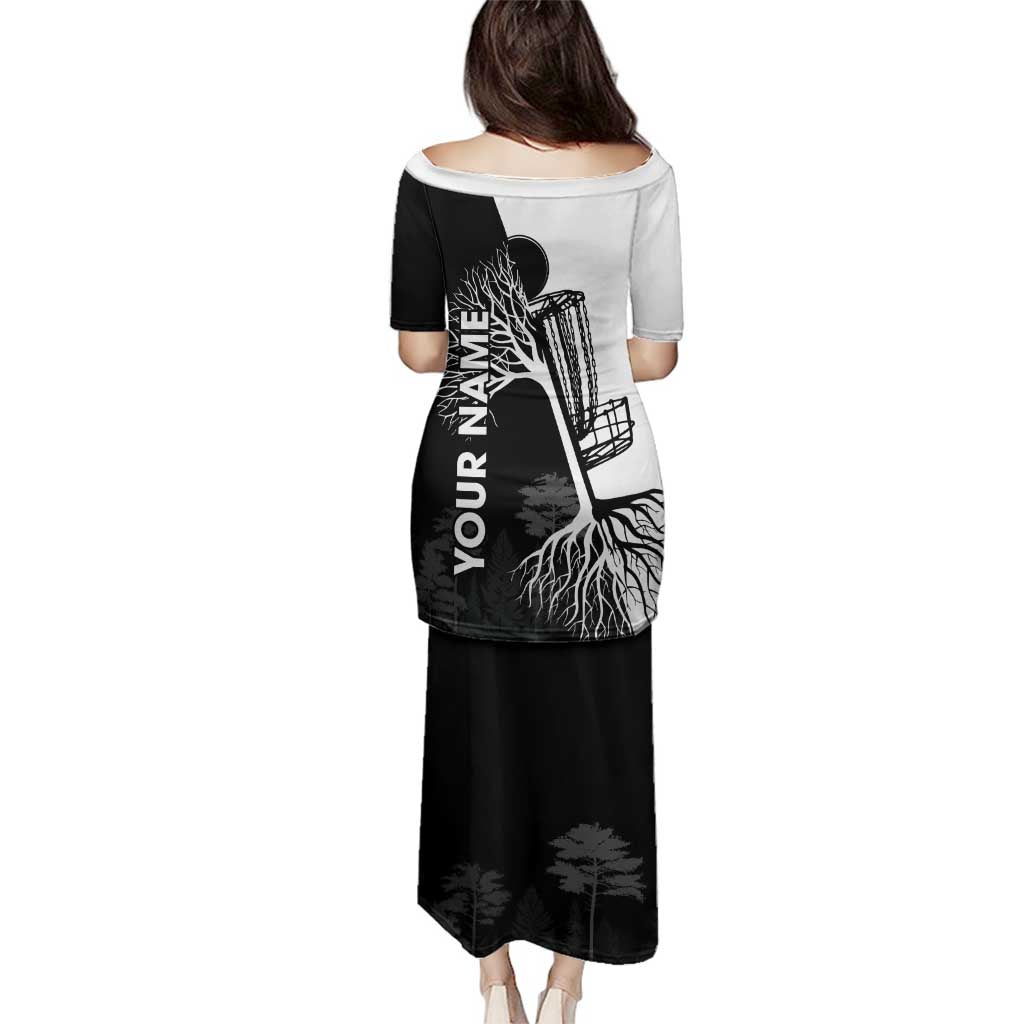 Black and White Disc Golf Tree Graphic Family Matching Puletasi and Hawaiian Shirt with Roots Silhouette and Custom Name Design - Wonder Print Shop