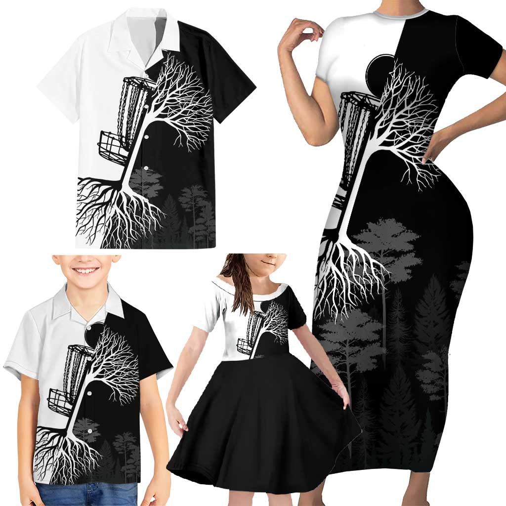 Black and White Disc Golf Tree Graphic Family Matching Short Sleeve Bodycon Dress and Hawaiian Shirt with Roots Silhouette and Custom Name Design - Wonder Print Shop