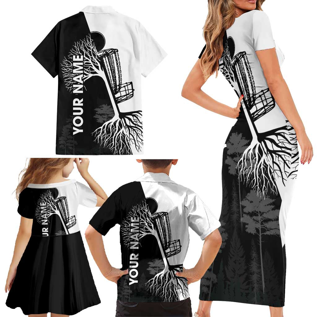 Black and White Disc Golf Tree Graphic Family Matching Short Sleeve Bodycon Dress and Hawaiian Shirt with Roots Silhouette and Custom Name Design - Wonder Print Shop