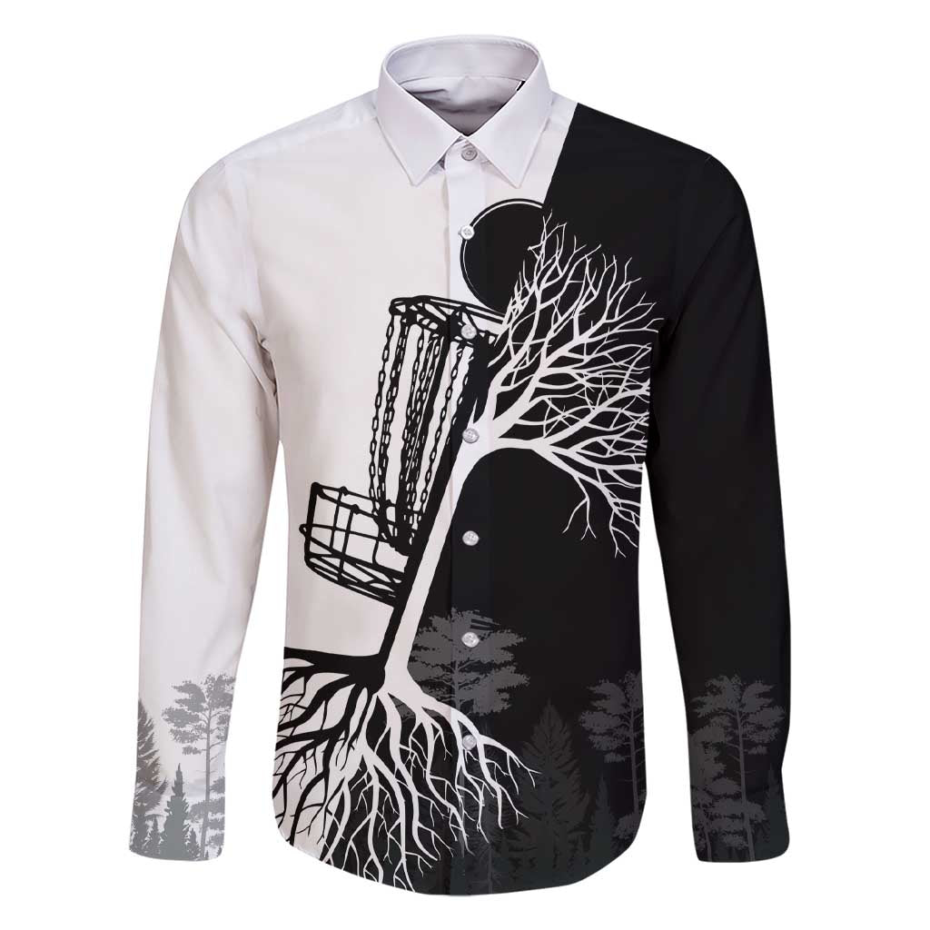 Black and White Disc Golf Tree Graphic Family Matching Short Sleeve Bodycon Dress and Hawaiian Shirt with Roots Silhouette and Custom Name Design - Wonder Print Shop