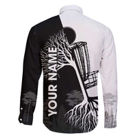 Black and White Disc Golf Tree Graphic Family Matching Short Sleeve Bodycon Dress and Hawaiian Shirt with Roots Silhouette and Custom Name Design - Wonder Print Shop
