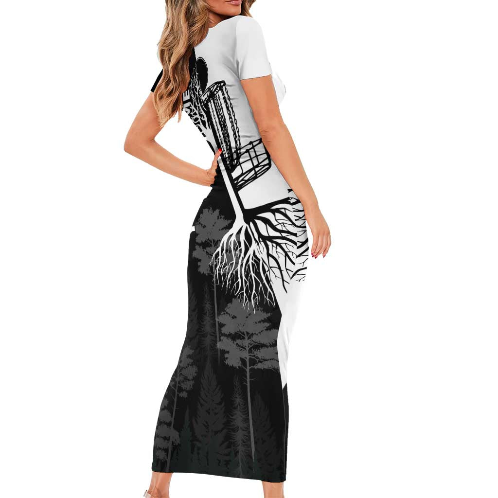 Black and White Disc Golf Tree Graphic Family Matching Short Sleeve Bodycon Dress and Hawaiian Shirt with Roots Silhouette and Custom Name Design - Wonder Print Shop