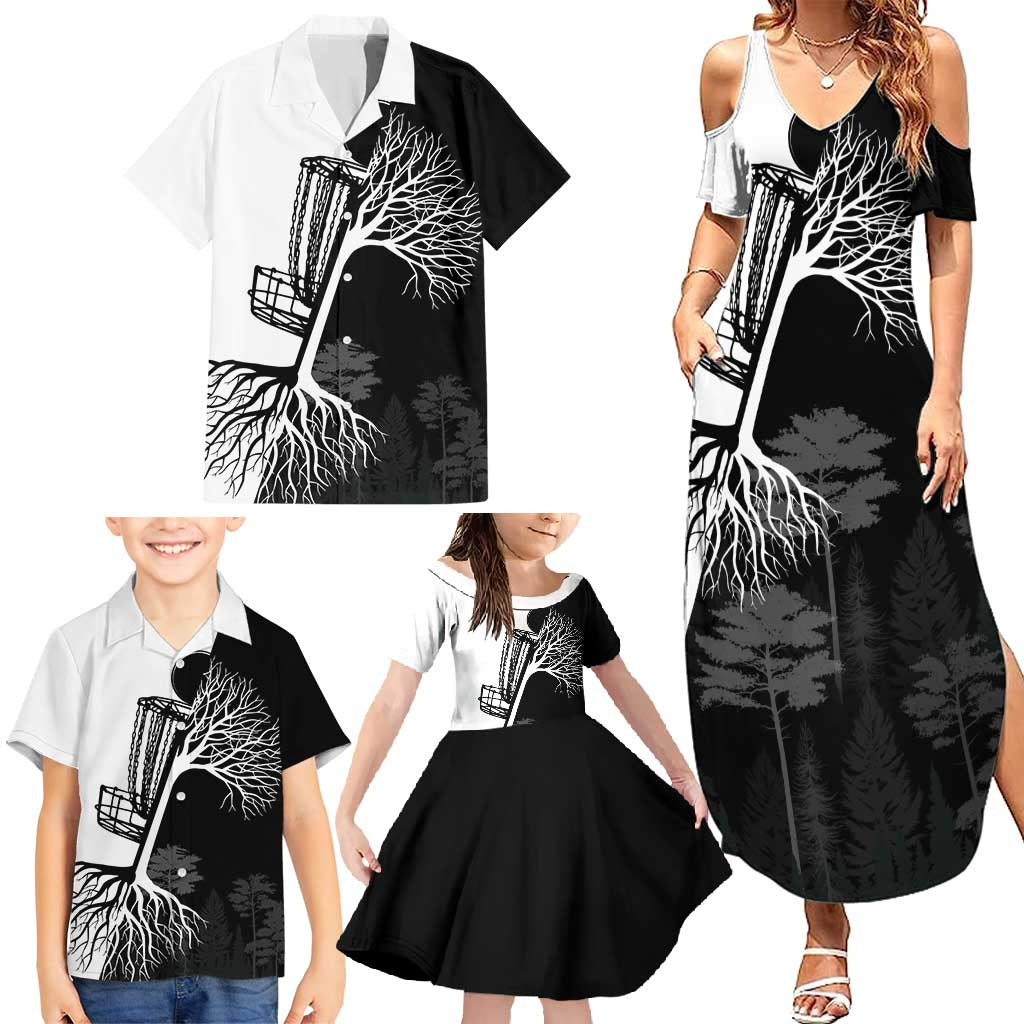 Black and White Disc Golf Tree Graphic Family Matching Summer Maxi Dress and Hawaiian Shirt with Roots Silhouette and Custom Name Design - Wonder Print Shop