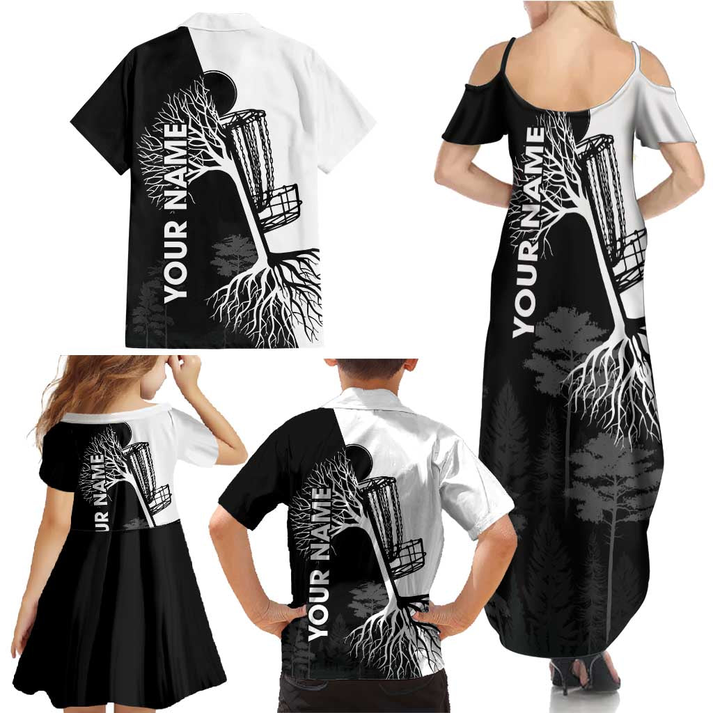 Black and White Disc Golf Tree Graphic Family Matching Summer Maxi Dress and Hawaiian Shirt with Roots Silhouette and Custom Name Design - Wonder Print Shop
