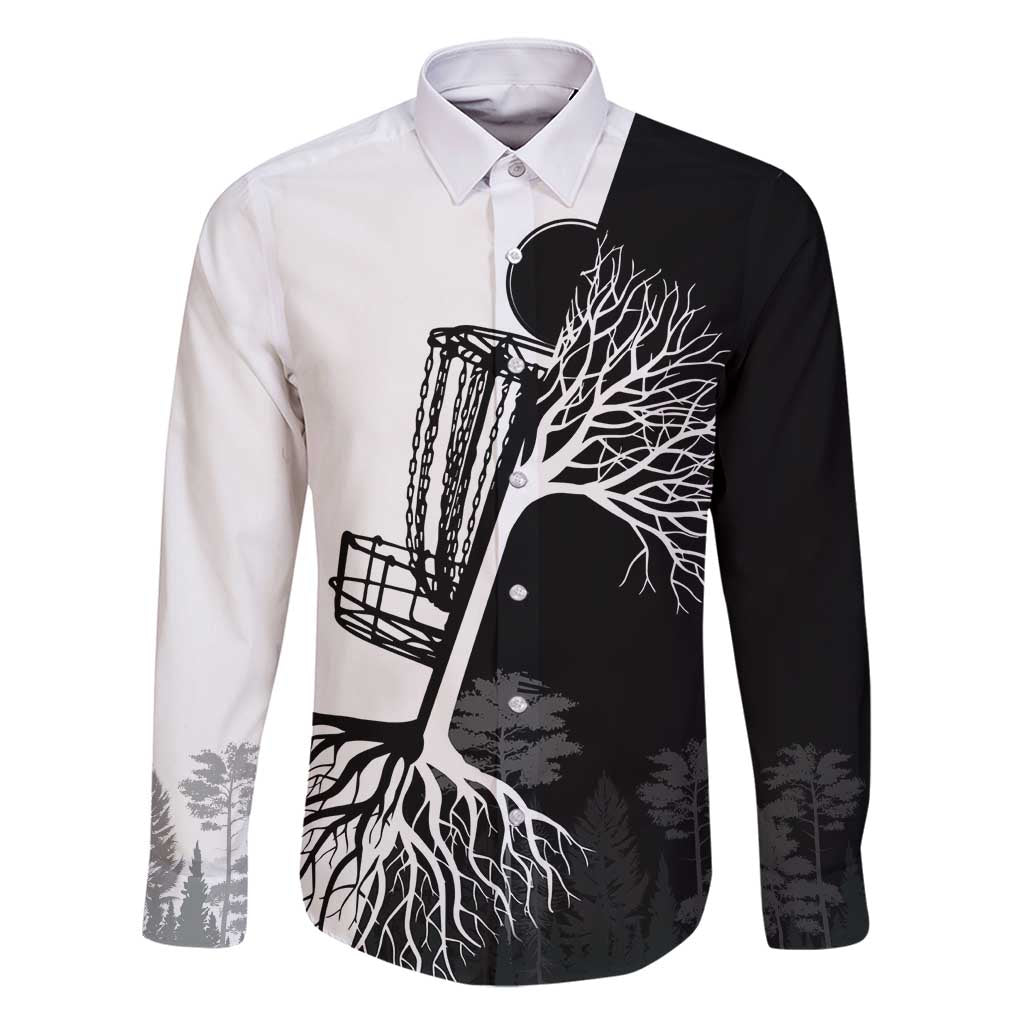 Black and White Disc Golf Tree Graphic Family Matching Summer Maxi Dress and Hawaiian Shirt with Roots Silhouette and Custom Name Design - Wonder Print Shop