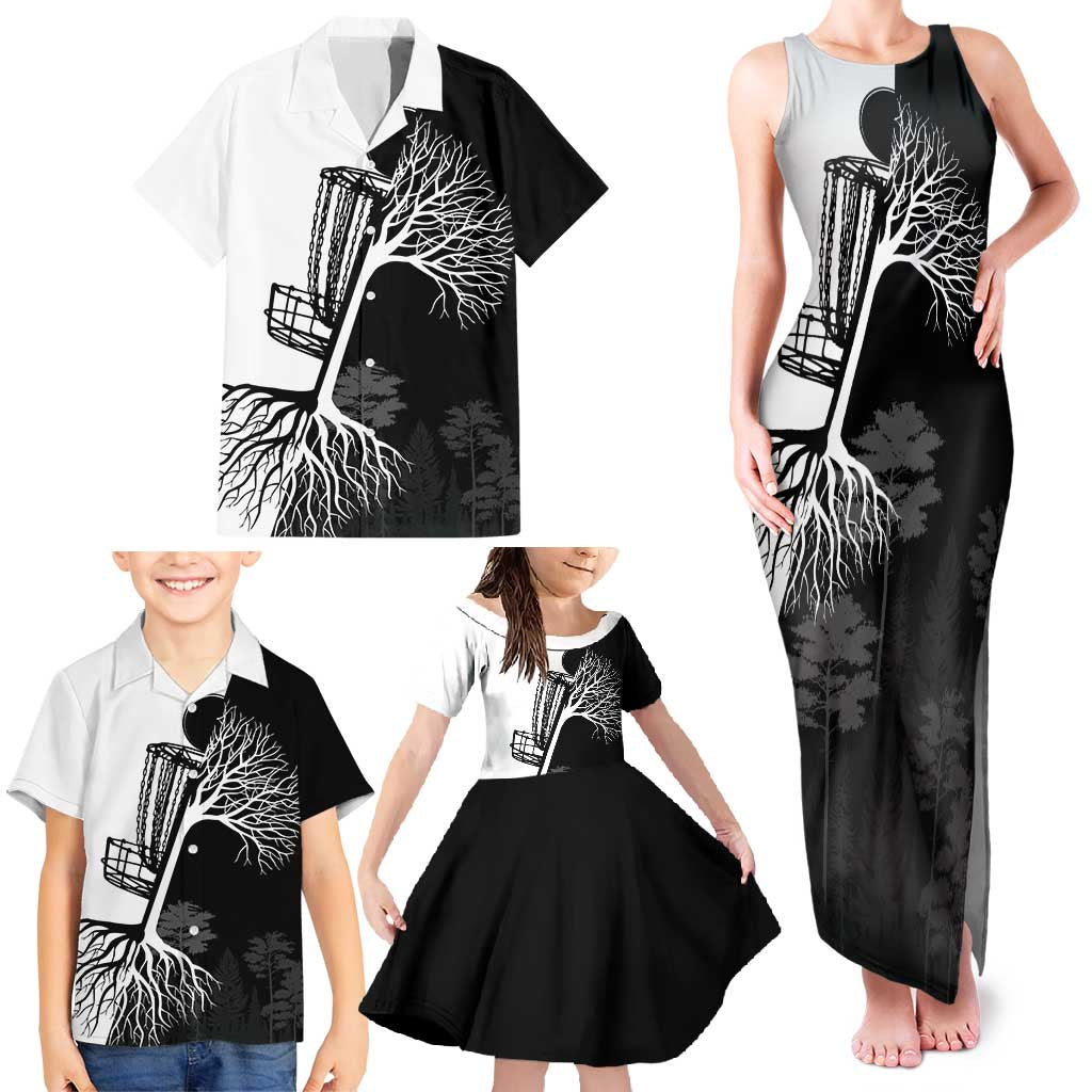 Black and White Disc Golf Tree Graphic Family Matching Tank Maxi Dress and Hawaiian Shirt with Roots Silhouette and Custom Name Design - Wonder Print Shop
