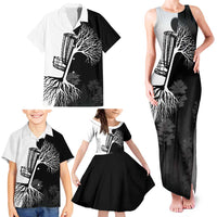 Black and White Disc Golf Tree Graphic Family Matching Tank Maxi Dress and Hawaiian Shirt with Roots Silhouette and Custom Name Design - Wonder Print Shop