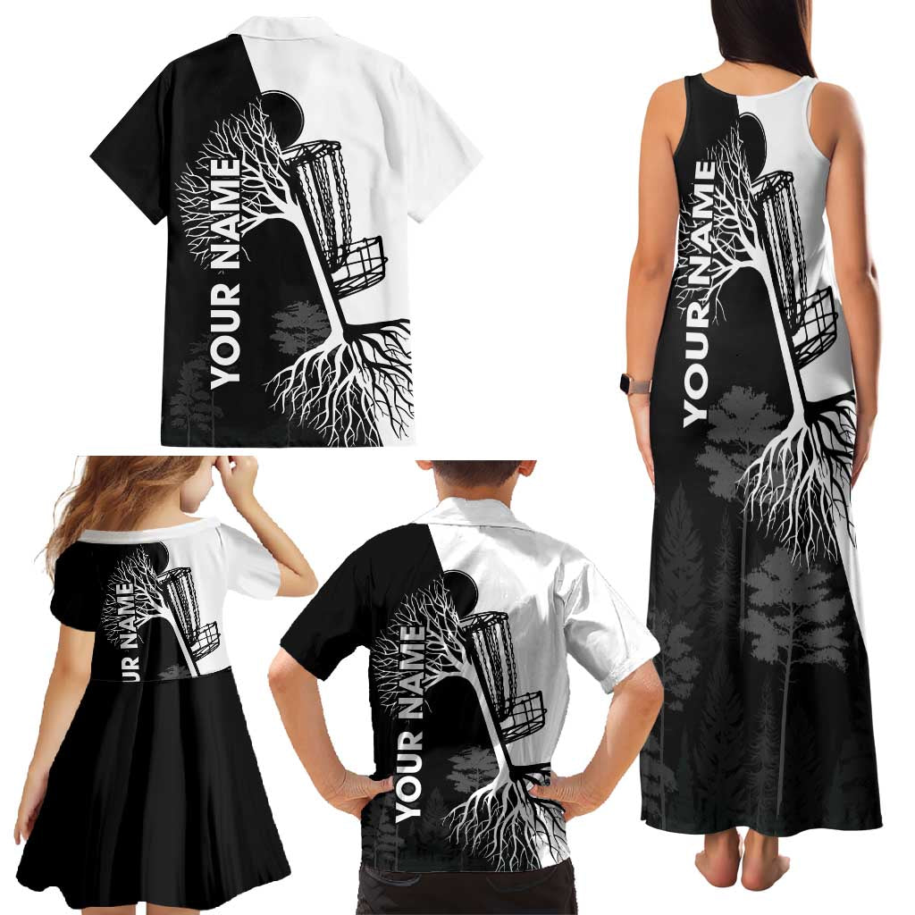 Black and White Disc Golf Tree Graphic Family Matching Tank Maxi Dress and Hawaiian Shirt with Roots Silhouette and Custom Name Design - Wonder Print Shop