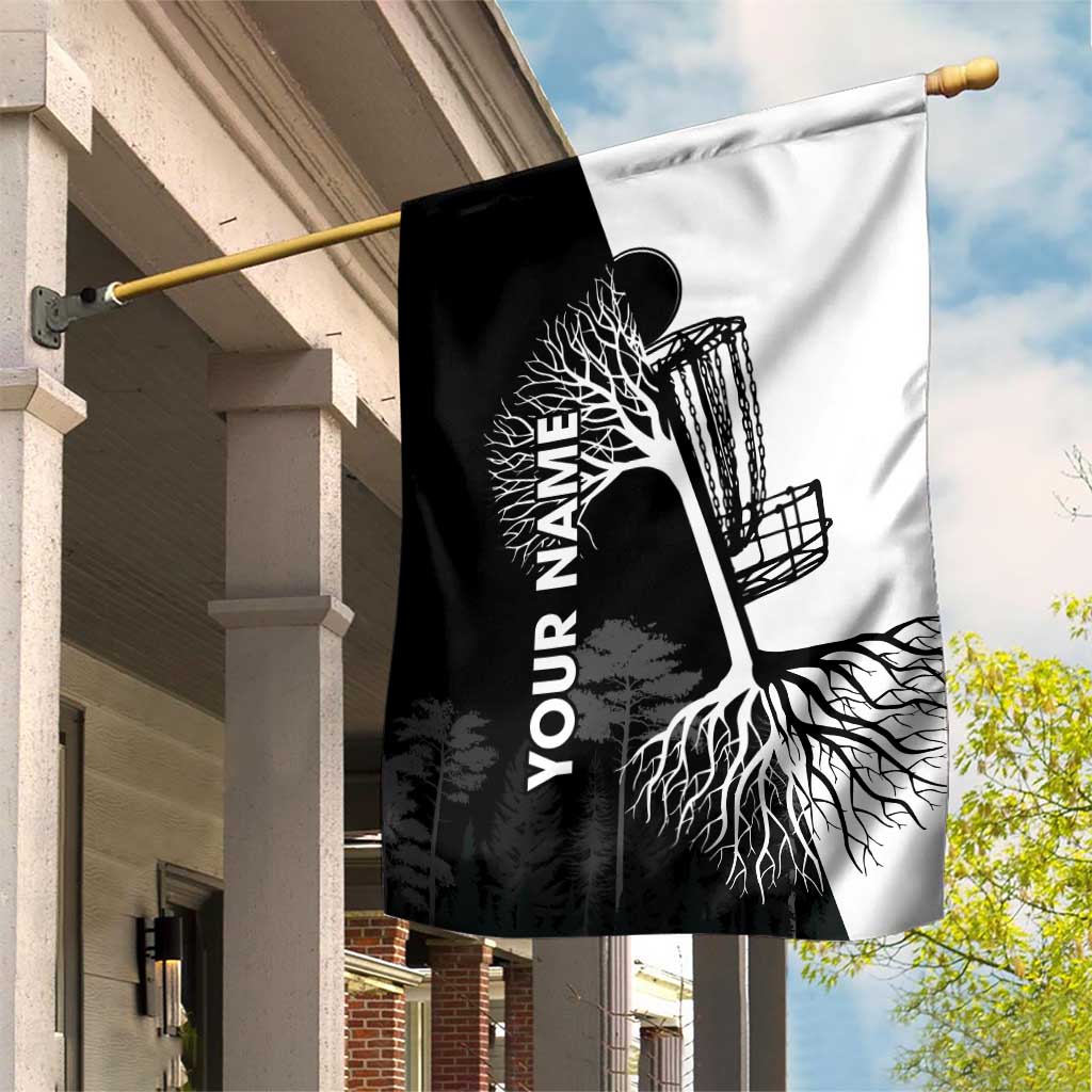 Black and White Disc Golf Tree Graphic Garden Flag with Roots Silhouette and Custom Name Design - Wonder Print Shop