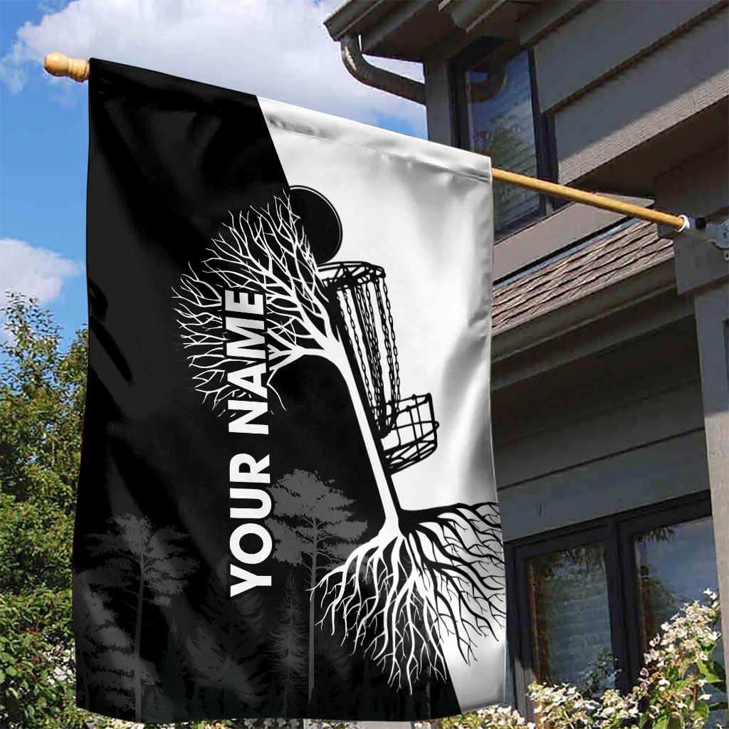 Black and White Disc Golf Tree Graphic Garden Flag with Roots Silhouette and Custom Name Design - Wonder Print Shop
