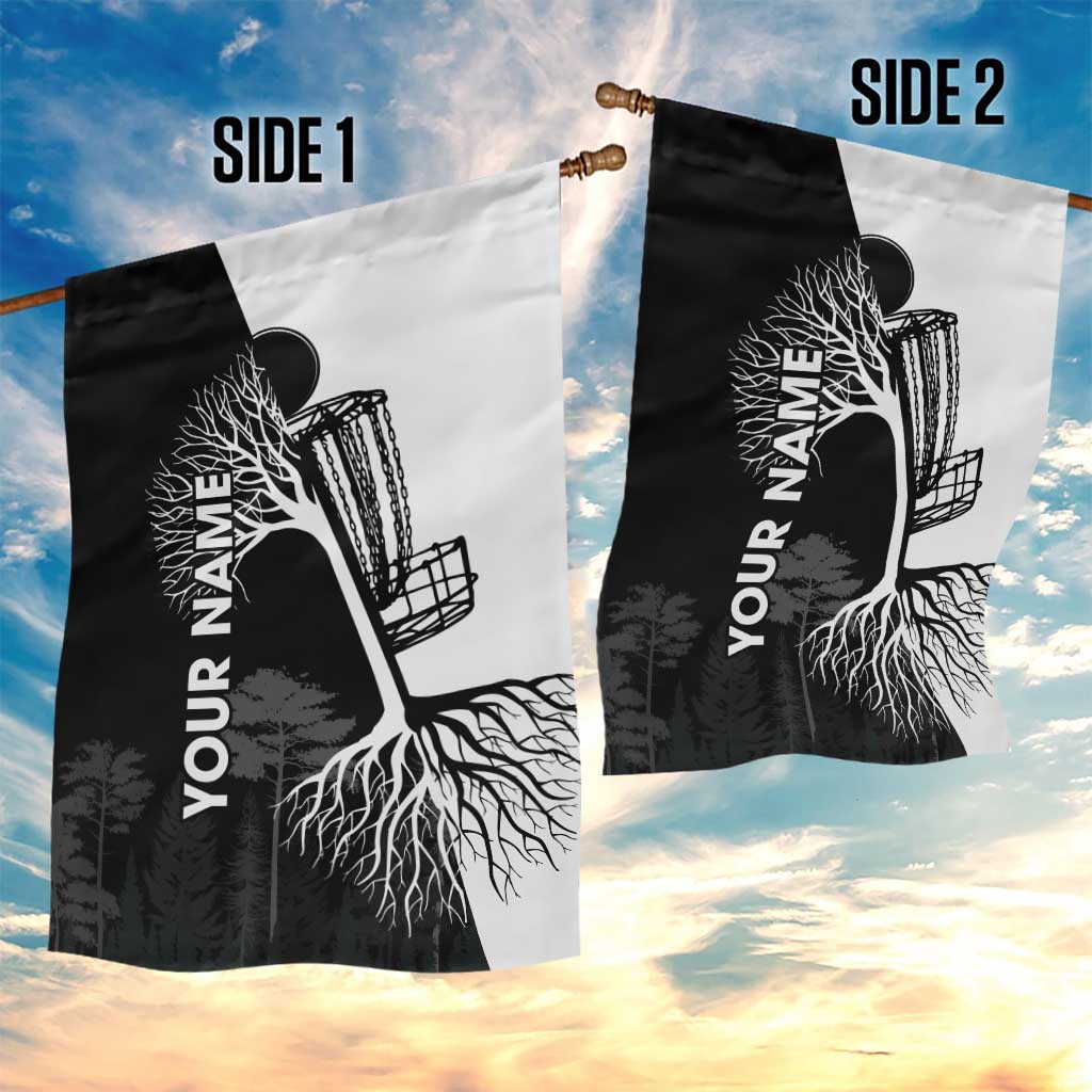 Black and White Disc Golf Tree Graphic Garden Flag with Roots Silhouette and Custom Name Design - Wonder Print Shop