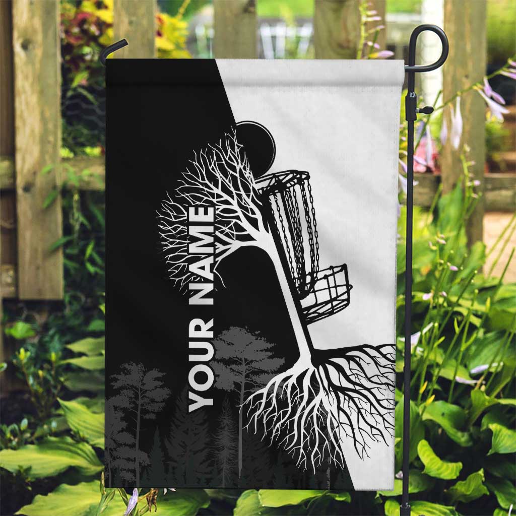 Black and White Disc Golf Tree Graphic Garden Flag with Roots Silhouette and Custom Name Design - Wonder Print Shop