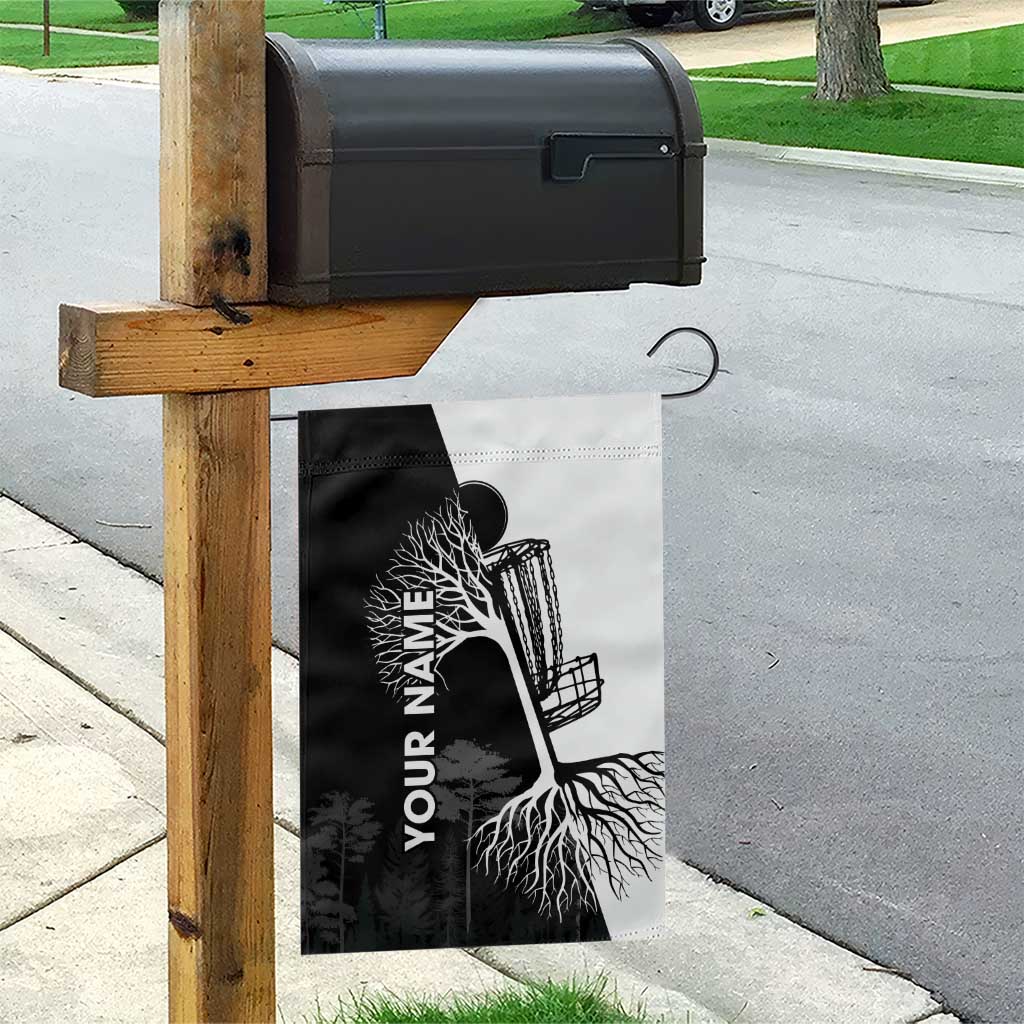 Black and White Disc Golf Tree Graphic Garden Flag with Roots Silhouette and Custom Name Design - Wonder Print Shop