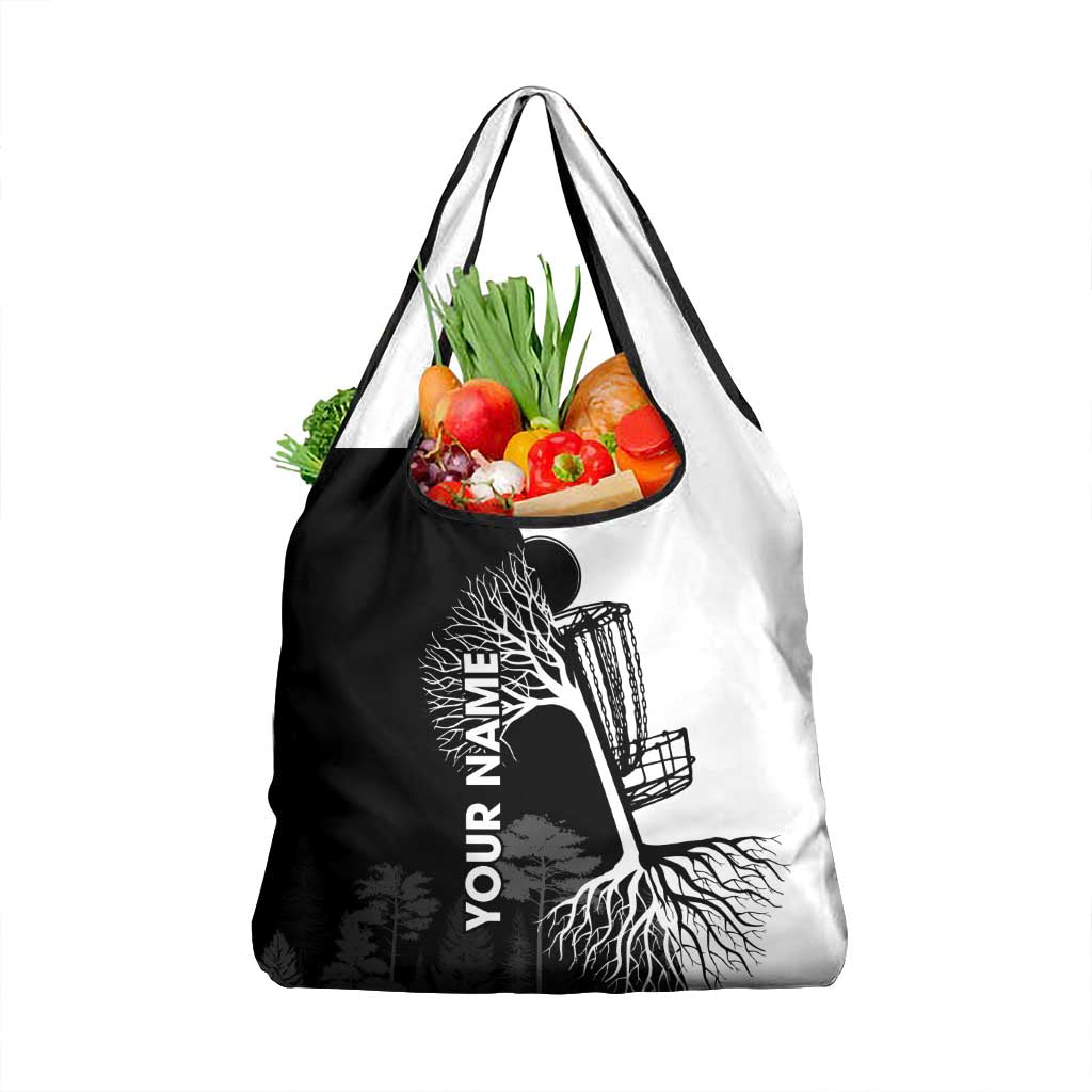 Black and White Disc Golf Tree Graphic Grocery Bag with Roots Silhouette and Custom Name Design - Wonder Print Shop