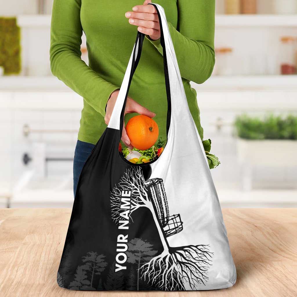 Black and White Disc Golf Tree Graphic Grocery Bag with Roots Silhouette and Custom Name Design - Wonder Print Shop