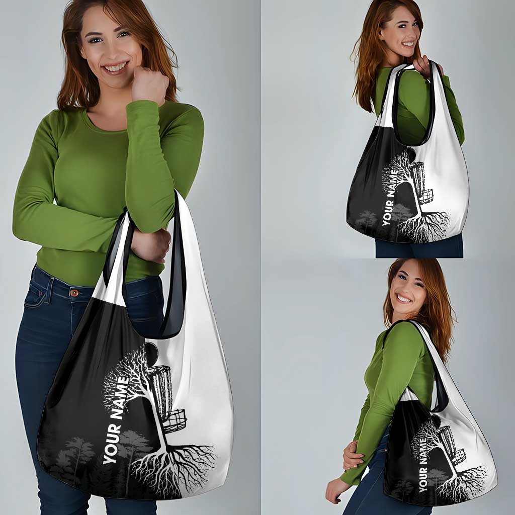 Black and White Disc Golf Tree Graphic Grocery Bag with Roots Silhouette and Custom Name Design - Wonder Print Shop