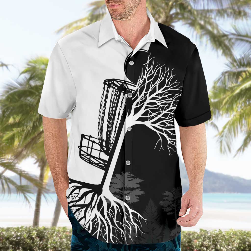 Black and White Disc Golf Tree Graphic Hawaiian Shirt with Roots Silhouette and Custom Name Design - Wonder Print Shop