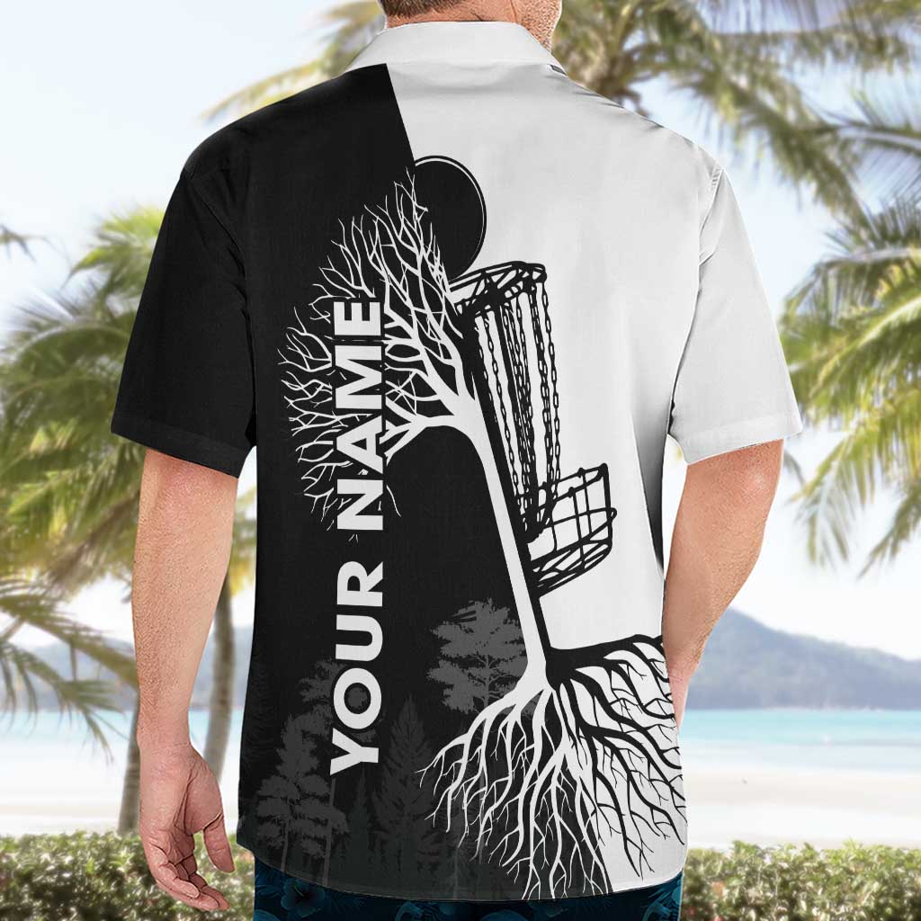 Black and White Disc Golf Tree Graphic Hawaiian Shirt with Roots Silhouette and Custom Name Design - Wonder Print Shop