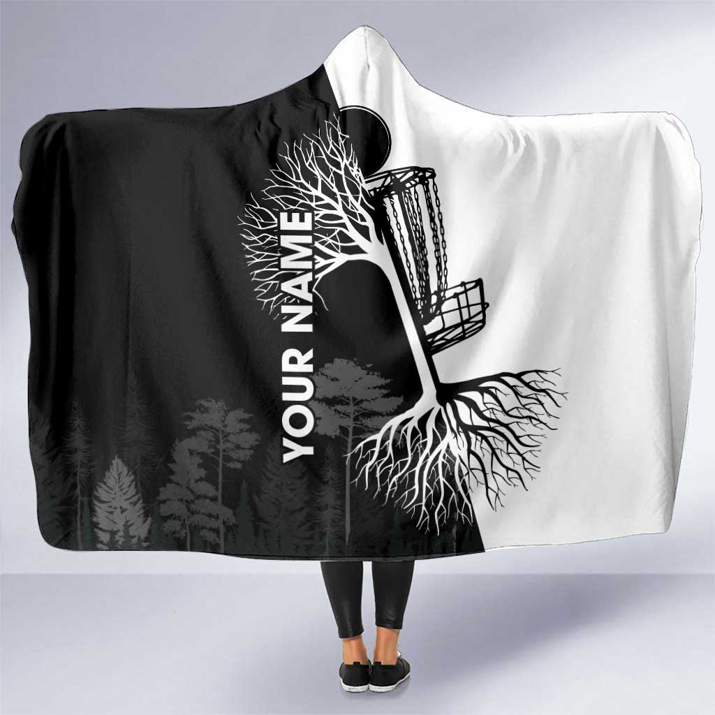 Black and White Disc Golf Tree Graphic Hooded Blanket with Roots Silhouette and Custom Name Design - Wonder Print Shop