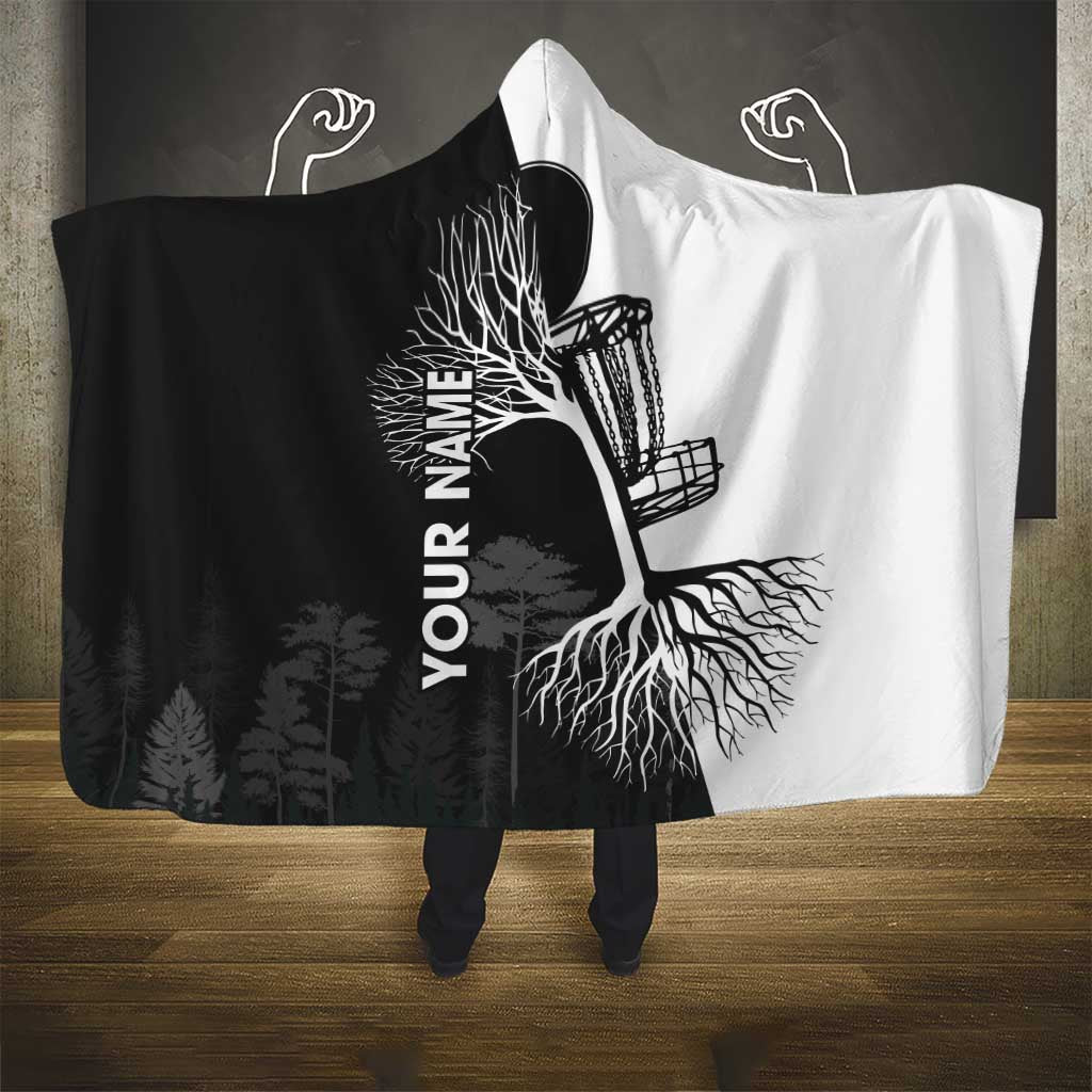 Black and White Disc Golf Tree Graphic Hooded Blanket with Roots Silhouette and Custom Name Design - Wonder Print Shop