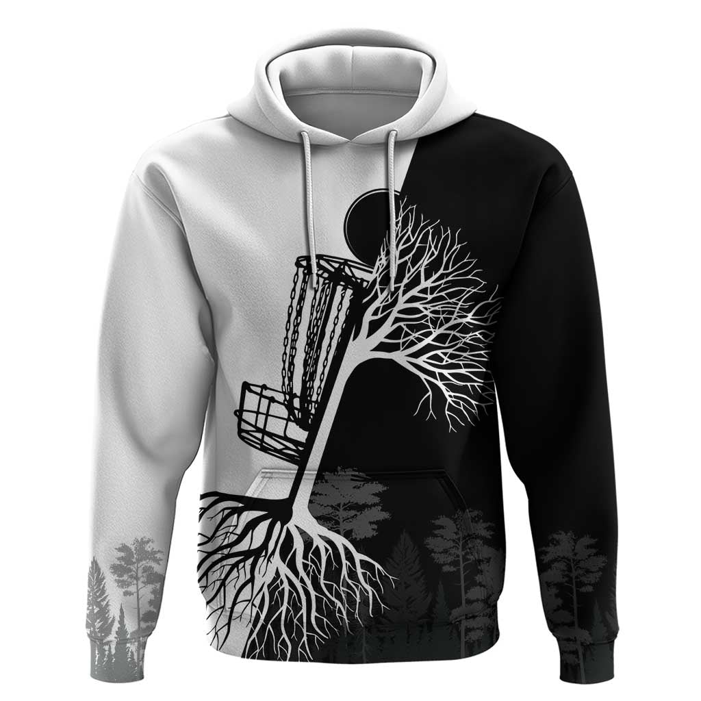 Black and White Disc Golf Tree Graphic Hoodie with Roots Silhouette and Custom Name Design - Wonder Print Shop