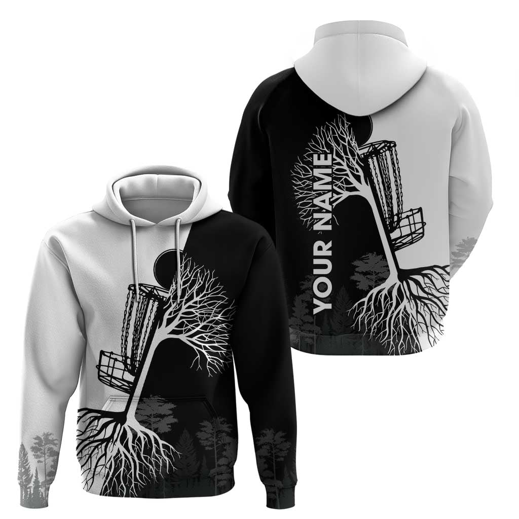 Black and White Disc Golf Tree Graphic Hoodie with Roots Silhouette and Custom Name Design - Wonder Print Shop