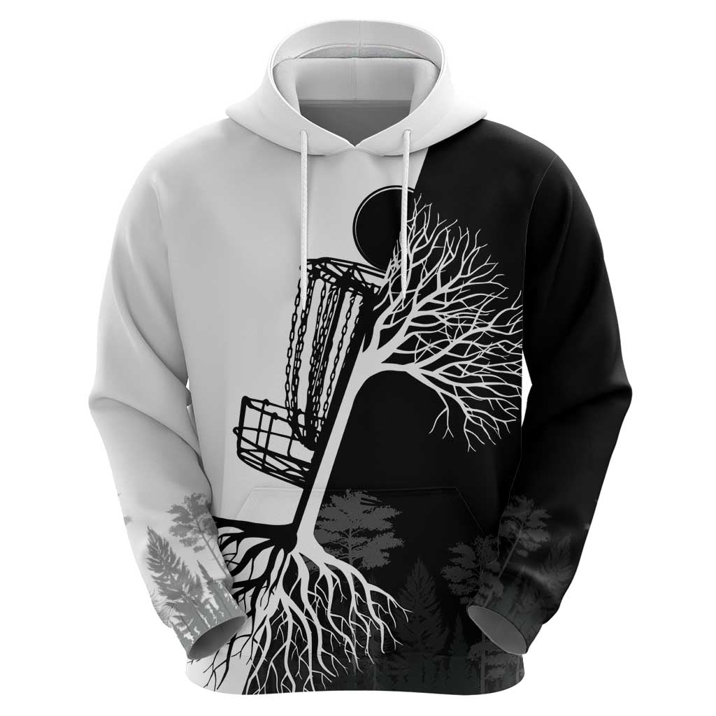 Black and White Disc Golf Tree Graphic Hoodie with Roots Silhouette and Custom Name Design - Wonder Print Shop