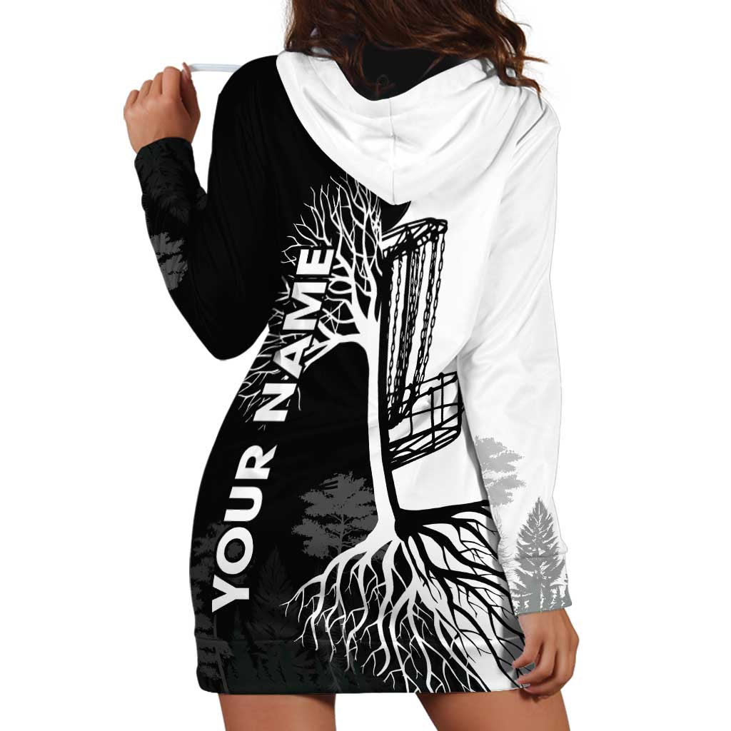 Black and White Disc Golf Tree Graphic Hoodie Dress with Roots Silhouette and Custom Name Design - Wonder Print Shop