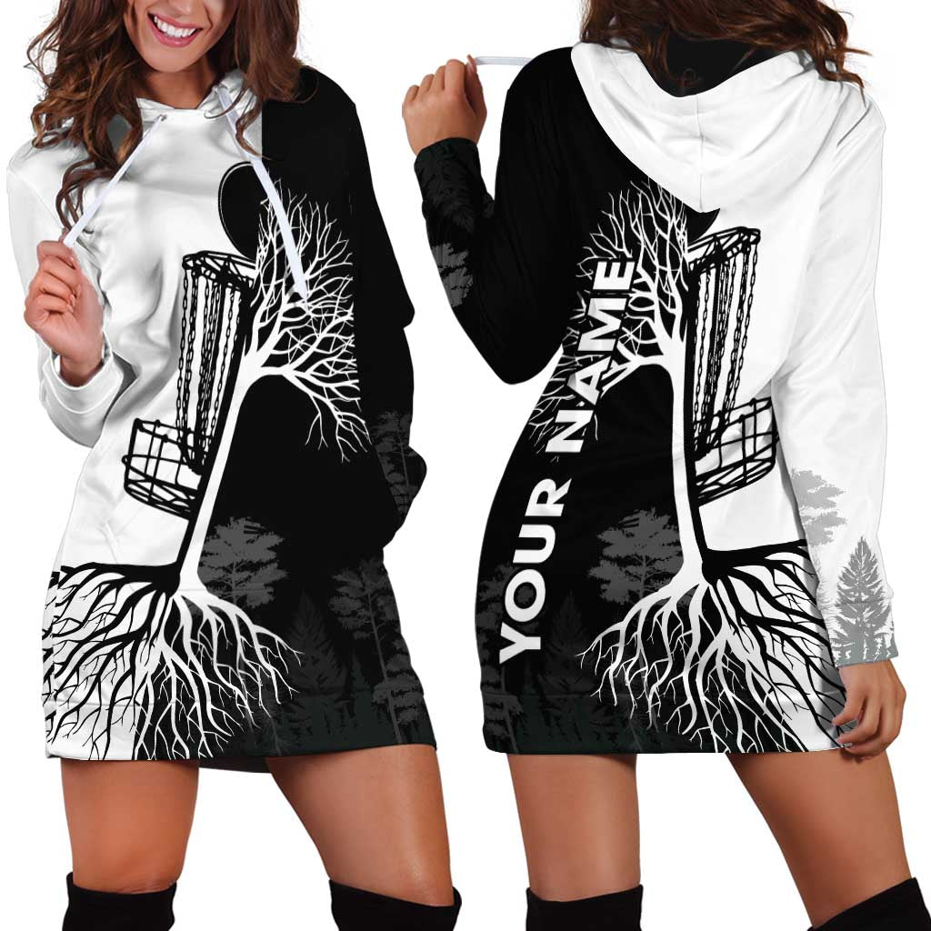 Black and White Disc Golf Tree Graphic Hoodie Dress with Roots Silhouette and Custom Name Design - Wonder Print Shop