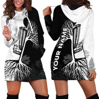 Black and White Disc Golf Tree Graphic Hoodie Dress with Roots Silhouette and Custom Name Design - Wonder Print Shop
