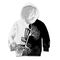 Black and White Disc Golf Tree Graphic Kid Hoodie with Roots Silhouette and Custom Name Design - Wonder Print Shop