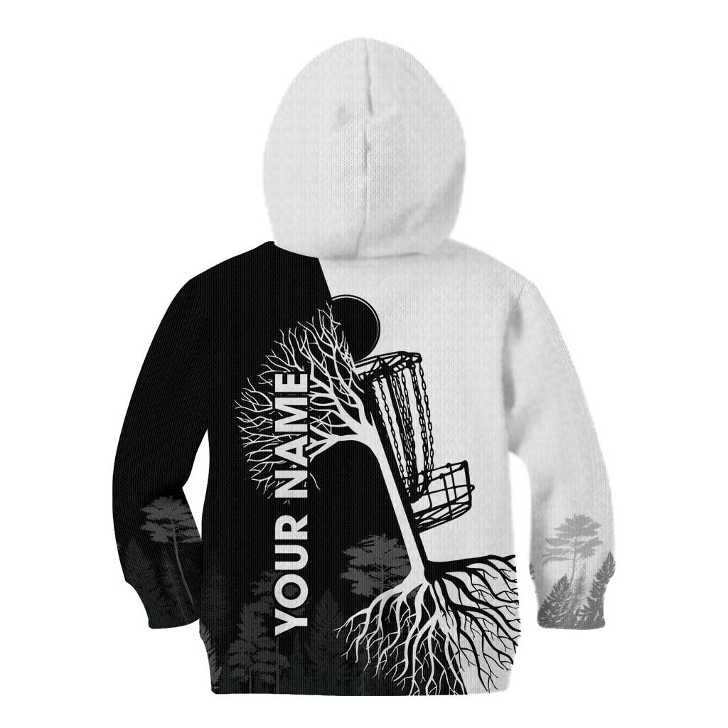 Black and White Disc Golf Tree Graphic Kid Hoodie with Roots Silhouette and Custom Name Design - Wonder Print Shop