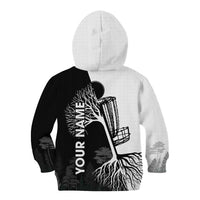 Black and White Disc Golf Tree Graphic Kid Hoodie with Roots Silhouette and Custom Name Design - Wonder Print Shop