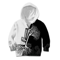 Black and White Disc Golf Tree Graphic Kid Hoodie with Roots Silhouette and Custom Name Design - Wonder Print Shop