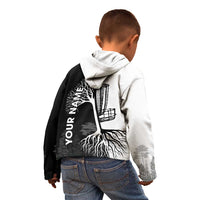 Black and White Disc Golf Tree Graphic Kid Hoodie with Roots Silhouette and Custom Name Design - Wonder Print Shop