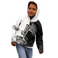 Black and White Disc Golf Tree Graphic Kid Hoodie with Roots Silhouette and Custom Name Design - Wonder Print Shop